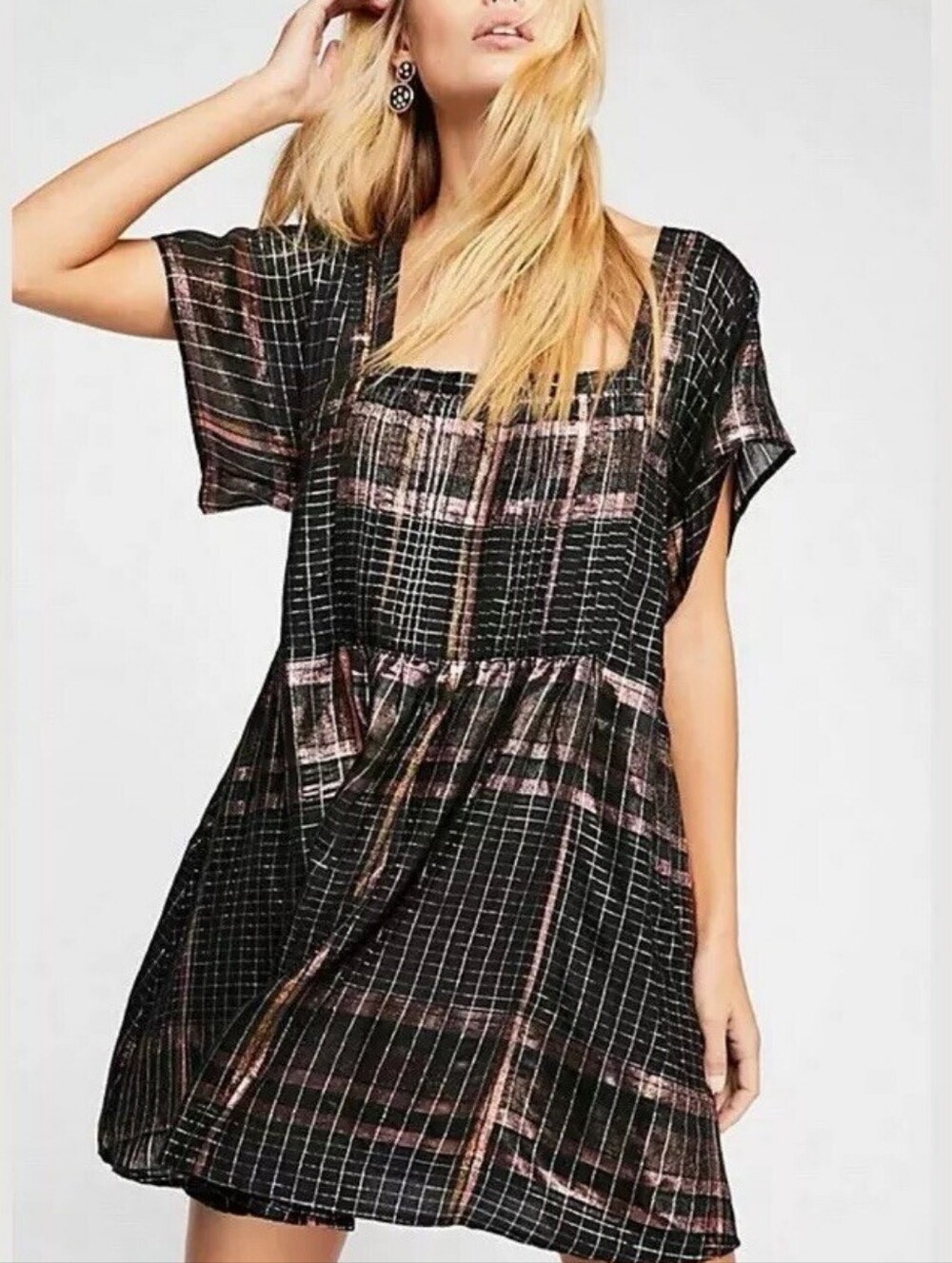 Free People Barcelona Metallic Plaid Pintuck Mini Dress Tunic Top Black Size M